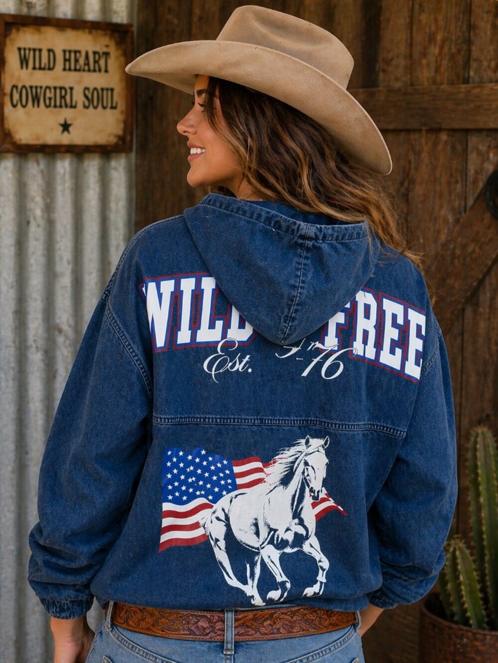Spirit Jersey Wild & Free Horse Western Hooded Dark Denim Oversized M NWT
